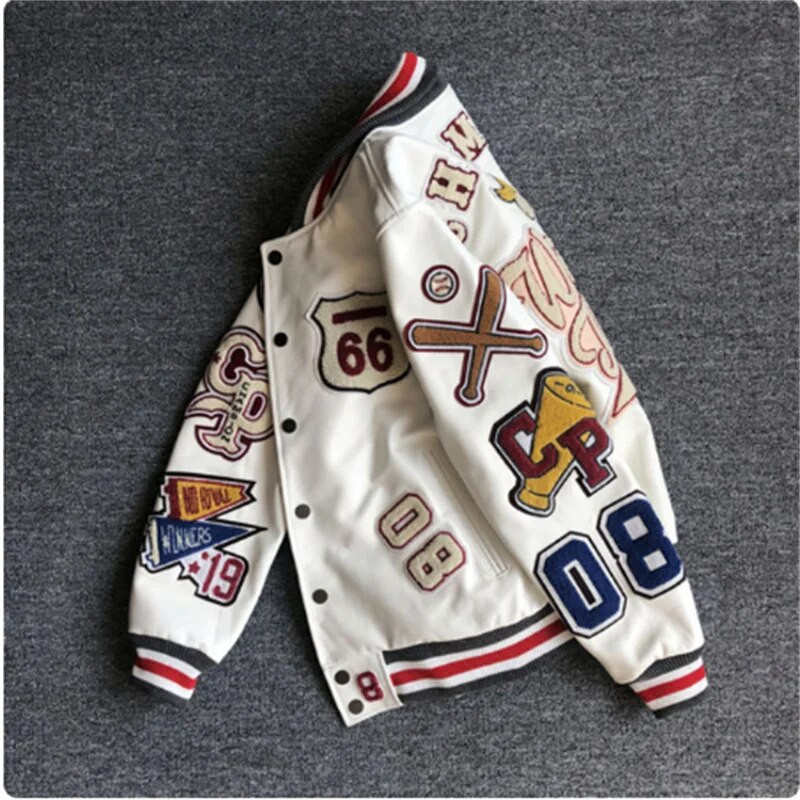 Uniformă de baseball albă cu broderie cu mai multe litere, uniformă de baseball în stil exploziv pentru bărbați, geacă de piele retro, haină pentru industria grea