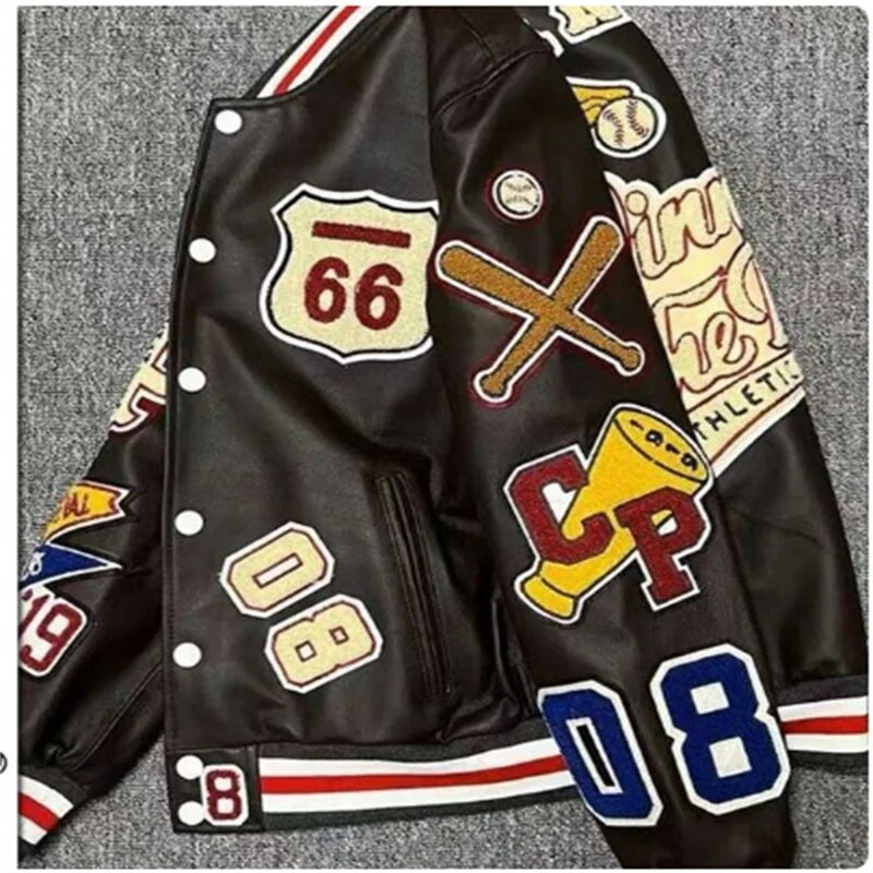 Uniformă de baseball albă cu broderie cu mai multe litere, uniformă de baseball în stil exploziv pentru bărbați, geacă de piele retro, haină pentru industria grea