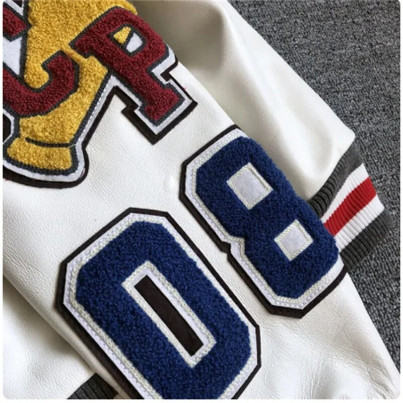 Uniformă de baseball albă cu broderie cu mai multe litere, uniformă de baseball în stil exploziv pentru bărbați, geacă de piele retro, haină pentru industria grea