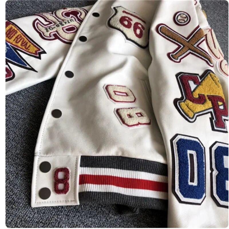 Uniformă de baseball albă cu broderie cu mai multe litere, uniformă de baseball în stil exploziv pentru bărbați, geacă de piele retro, haină pentru industria grea