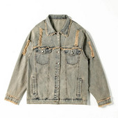 Ανδρικά Holes Ripped Distressed τζιν μπουφάν Φαρδιά vintage ρετρό μπλε παλτό με κρόσσια