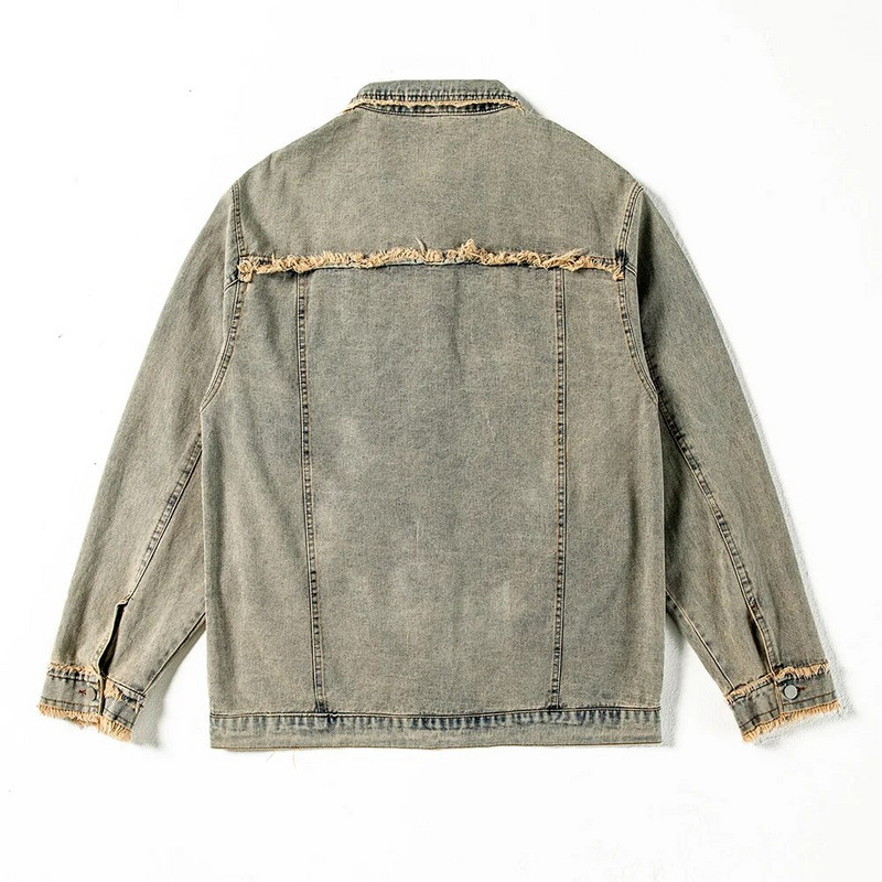 Ανδρικά Holes Ripped Distressed τζιν μπουφάν Φαρδιά vintage ρετρό μπλε παλτό με κρόσσια