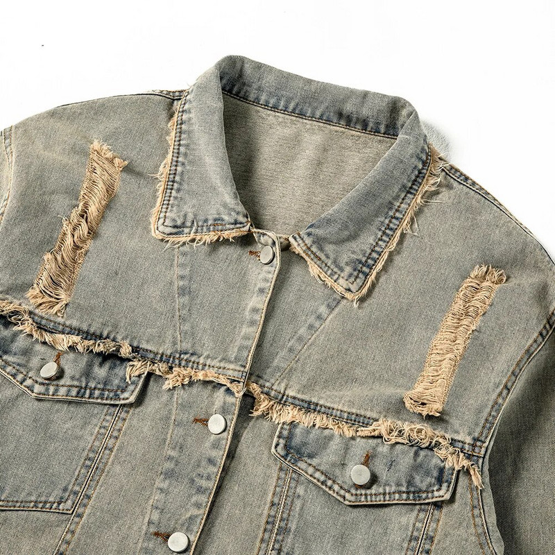 Ανδρικά Holes Ripped Distressed τζιν μπουφάν Φαρδιά vintage ρετρό μπλε παλτό με κρόσσια