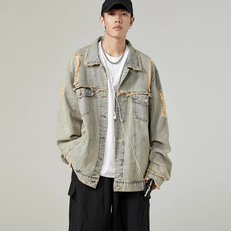 Ανδρικά Holes Ripped Distressed τζιν μπουφάν Φαρδιά vintage ρετρό μπλε παλτό με κρόσσια