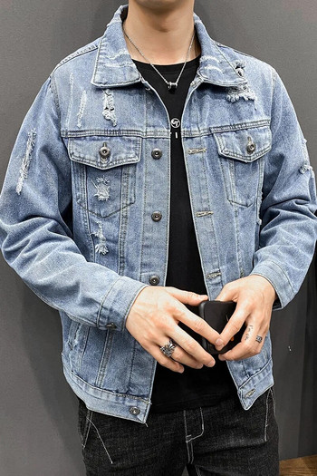 Мъжко синьо дънково яке 2022 Пролетно мъжко хип-хоп тънко каубойско яке Мъжко памучно улично облекло Скъсано връхно облекло Палта M-4XL