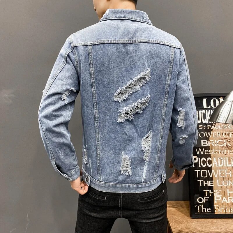 Jachetă de blugi albastru pentru bărbați, primăvară 2022, pentru bărbați, hip hop, slim fit, de cowboy, îmbrăcăminte de stradă din bumbac, haine rupte M-4XL