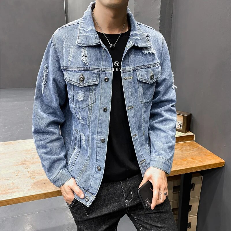 Jachetă de blugi albastru pentru bărbați, primăvară 2022, pentru bărbați, hip hop, slim fit, de cowboy, îmbrăcăminte de stradă din bumbac, haine rupte M-4XL