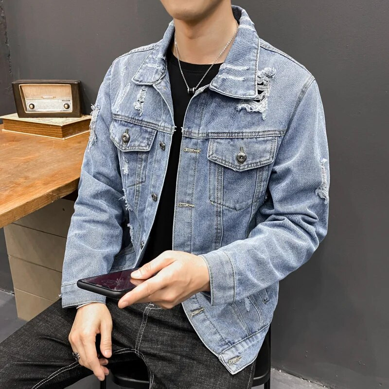 Jachetă de blugi albastru pentru bărbați, primăvară 2022, pentru bărbați, hip hop, slim fit, de cowboy, îmbrăcăminte de stradă din bumbac, haine rupte M-4XL