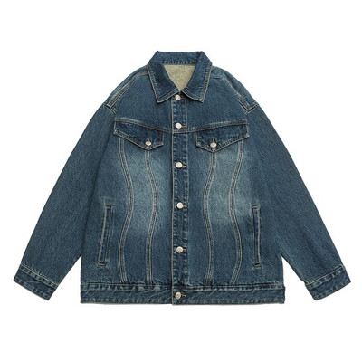 Jachetă de blugi pentru bărbați largi de toamnă, retro, stradă, supradimensionată, cusături neregulate, spălate, blugi negri, paltoane, îmbrăcăminte de stradă ocazională de modă