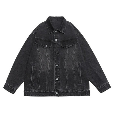 Jachetă de blugi pentru bărbați largi de toamnă, retro, stradă, supradimensionată, cusături neregulate, spălate, blugi negri, paltoane, îmbrăcăminte de stradă ocazională de modă