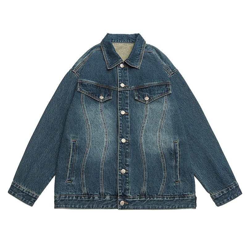 Jachetă de blugi pentru bărbați largi de toamnă, retro, stradă, supradimensionată, cusături neregulate, spălate, blugi negri, paltoane, îmbrăcăminte de stradă ocazională de modă