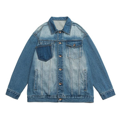 Jachetă din denim mozaic pentru bărbați, îmbrăcăminte de stradă largi, vintage spălată, haină japoneză Harajuku, la modă de toamnă, M-5XL