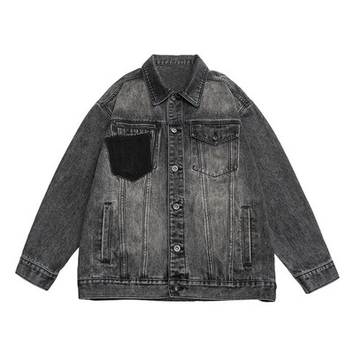 Jachetă din denim mozaic pentru bărbați, îmbrăcăminte de stradă largi, vintage spălată, haină japoneză Harajuku, la modă de toamnă, M-5XL