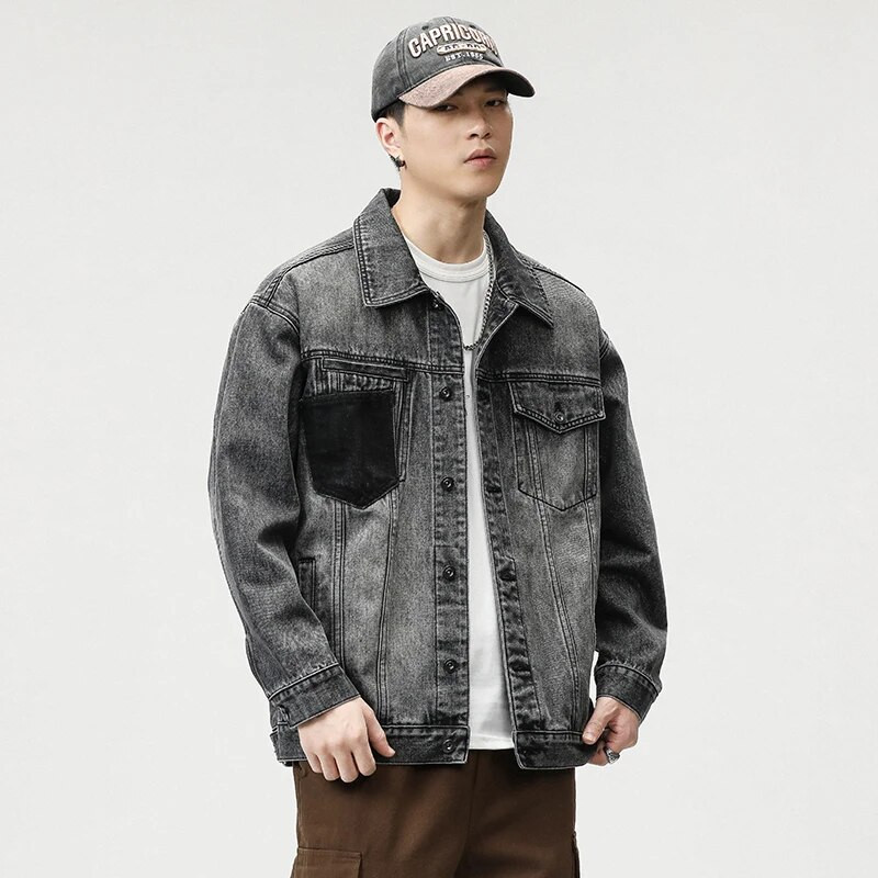 Jachetă din denim mozaic pentru bărbați, îmbrăcăminte de stradă largi, vintage spălată, haină japoneză Harajuku, la modă de toamnă, M-5XL