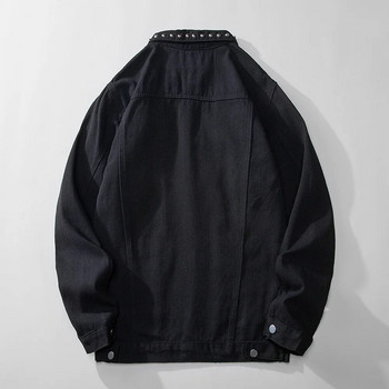 Мъжко дънково яке с нитове Свободно черно памучно дънково палто Пънк горно облекло с дълъг ръкав