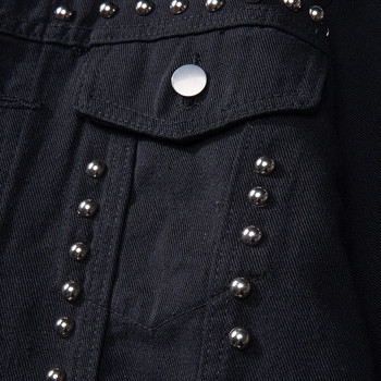 Мъжко дънково яке с нитове Свободно черно памучно дънково палто Пънк горно облекло с дълъг ръкав