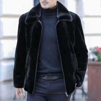 Мъжко термо яке, едноцветно, с дълги ръкави, свободно връхно облекло от изкуствена кожа, удебелено палто с цип, мъжко облекло за открито