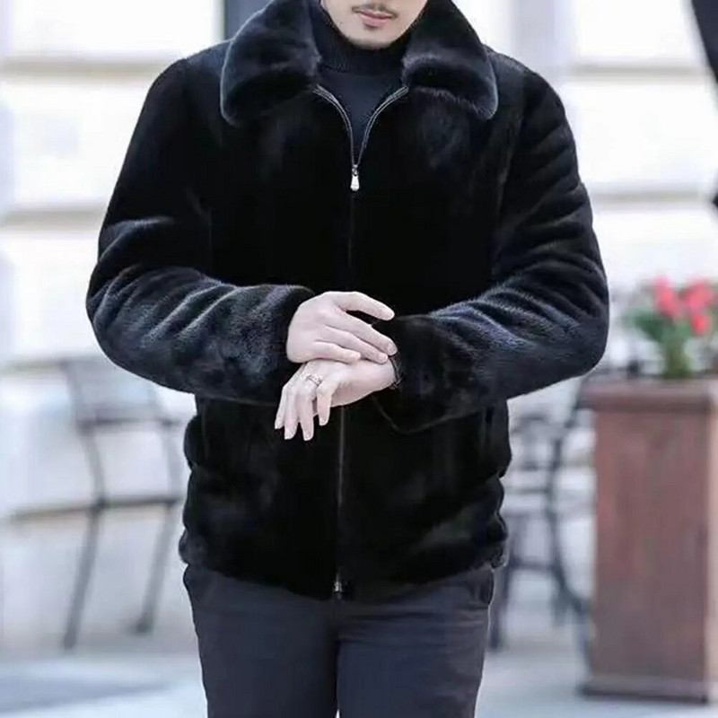 Jachetă termică pentru bărbați, culoare solidă, mâneci lungi, îmbrăcăminte exterioară largi, blană artificială, haină cu fermoar, îmbrăcăminte bărbătească pentru exterior