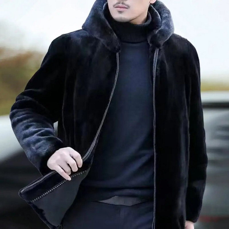 Jachetă termică pentru bărbați, culoare solidă, mâneci lungi, îmbrăcăminte exterioară largi, blană artificială, haină cu fermoar, îmbrăcăminte bărbătească pentru exterior
