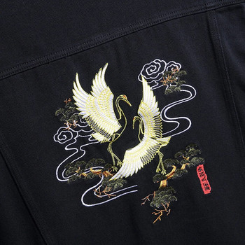 Мъжко дънково яке с бродерия Crane Бродирано дънково палто с птица Ежедневно горно връхно облекло Черно синьо