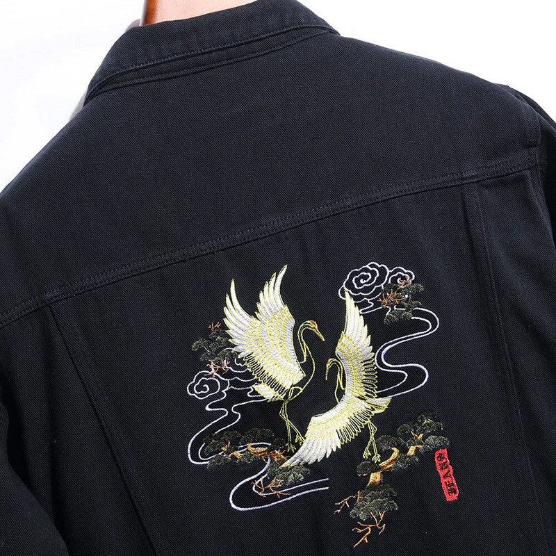 Bărbați Jachetă de blugi cu broderie cu macara Păsări din blugi brodate cu pasăre