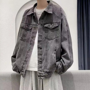 Едноцветно мъжко яке Ретро хоп стил Дънково яке с множество джобове Свободно прилягане за голям размер Мъжко улично палто
