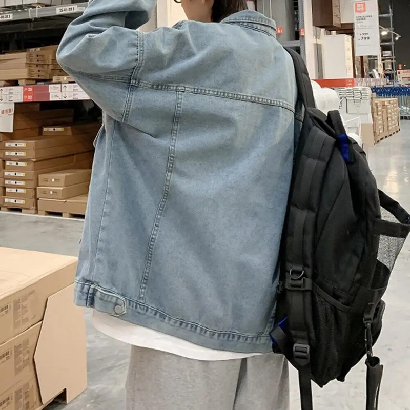 Muška traper jakna Elegantna muška traper jakna s preklopom za proljeće i jesen, ležerna jednoredna traper gornja odjeća za muškarce