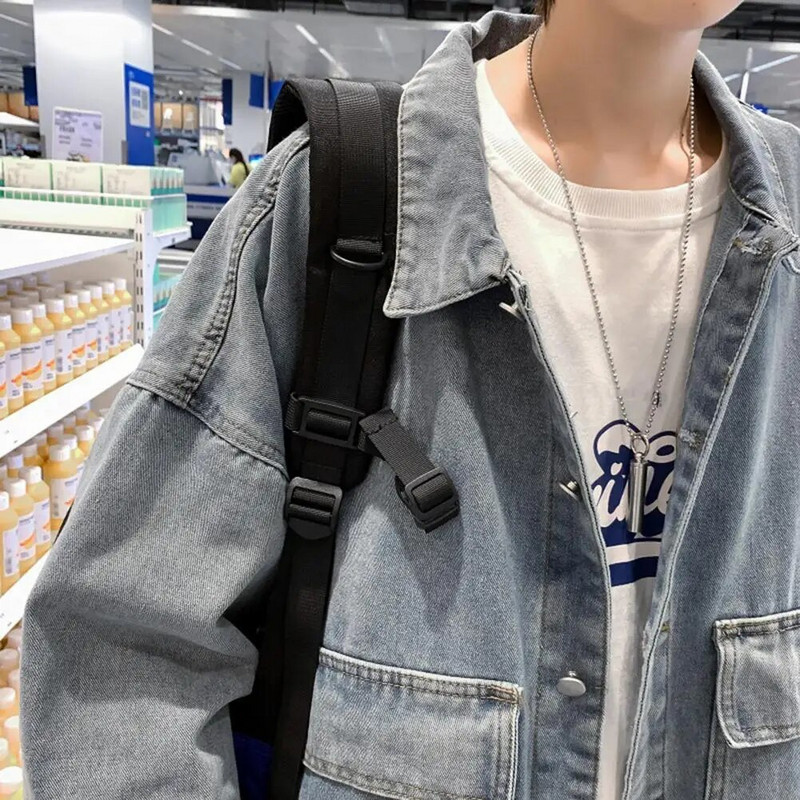 Muška traper jakna Elegantna muška traper jakna s preklopom za proljeće i jesen, ležerna jednoredna traper gornja odjeća za muškarce