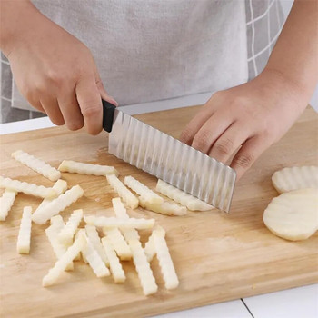 Дълъг инструмент за нарязване на картофен чипс от неръждаема стомана, тесто за зеленчуци, плодови бръчки, вълнообразен нож за нарязване, нож за картофи, чопър, уред за пържене