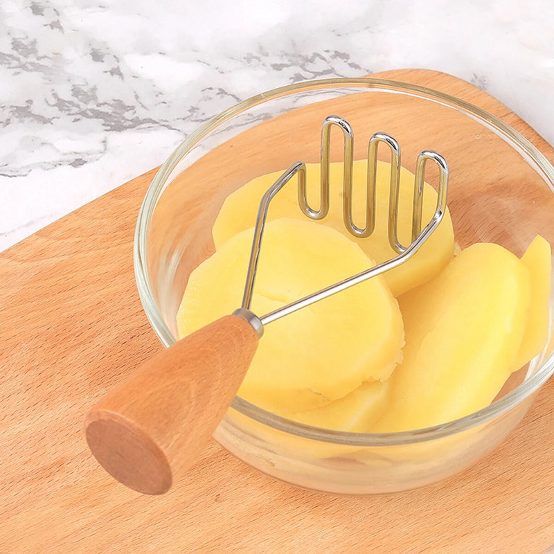 Leeseph bulvių smulkintuvas, 430 nerūdijančio plieno bulvių grūstuvas su medine rankena, daržovių grūstuvas virtuvės įtaisui gaminti