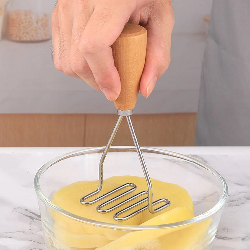 Leeseph bulvių smulkintuvas, 430 nerūdijančio plieno bulvių grūstuvas su medine rankena, daržovių grūstuvas virtuvės įtaisui gaminti