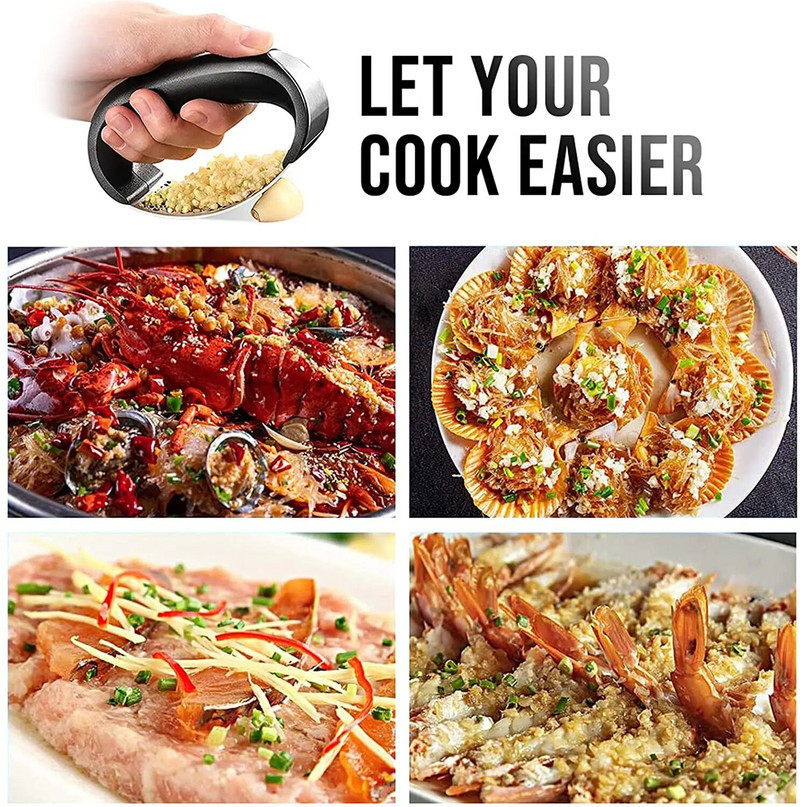 Nerūdijančio plieno česnako spaudimo smulkintuvas Česnakų preso arkos formos česnako smulkintuvas su ergonomiška rankena, skirta kepti virtuvėje