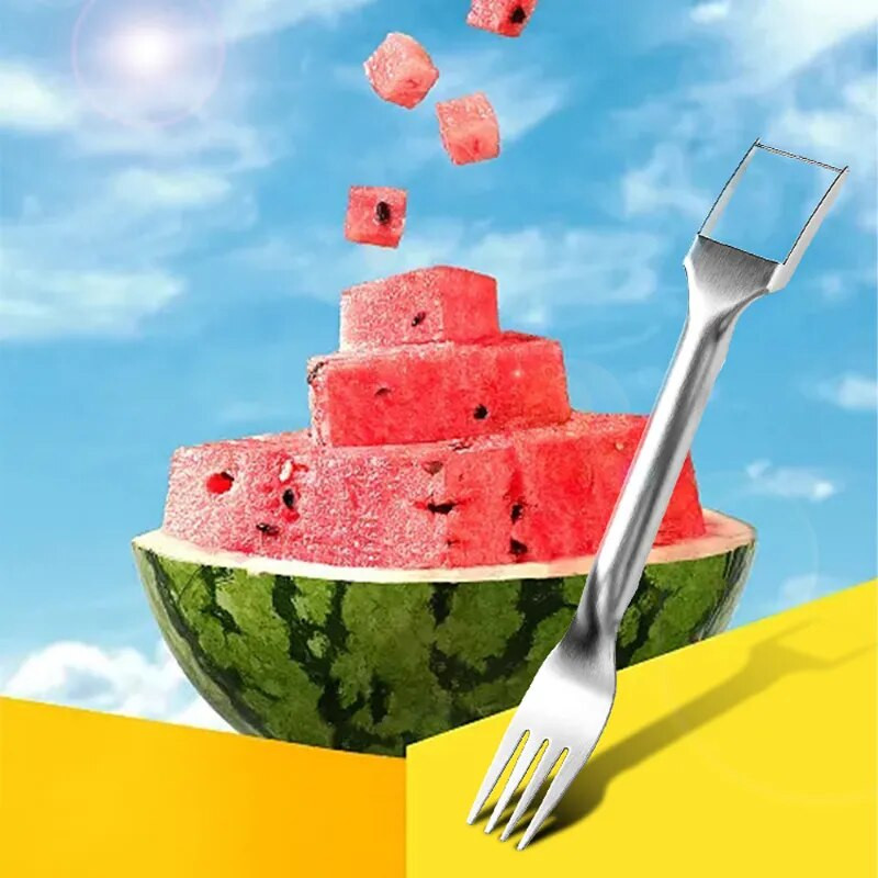 Furculiță portabilă 2 în 1 pentru tăiat pepene verde Cuțit pentru tăiat pepene verde cuțit Furculiță de tăiat fructe de bucătărie din oțel inoxidabil