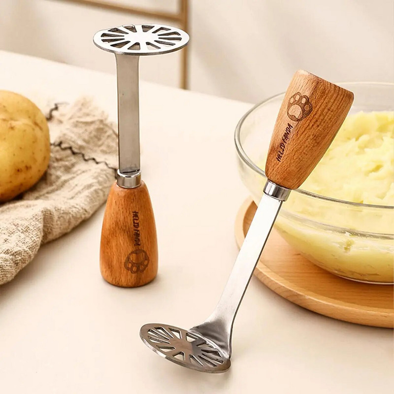 WORTHBUY Gnječilica za krumpir s drvenom ručkom Gnječilica za mrkvu od nehrđajućeg čelika Dječji alati za dodatnu hranu Kuhinjski pribor