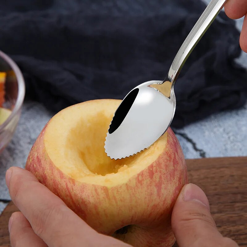 Nerūdijančio plieno kivi mango šaukštas dantytais kraštais purvo grandikliai Vaisių grandymo purvo pjaustymo įrankis kūdikių maisto kombainas Virtuvės reikmenys