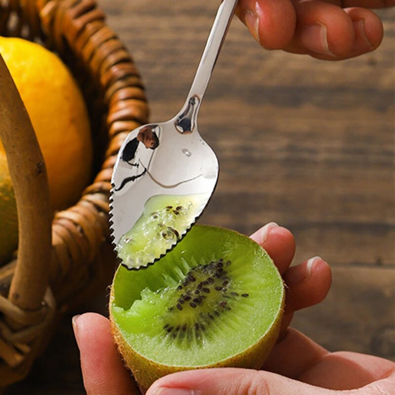 Nerūdijančio plieno kivi mango šaukštas dantytais kraštais purvo grandikliai Vaisių grandymo purvo pjaustymo įrankis kūdikių maisto kombainas Virtuvės reikmenys