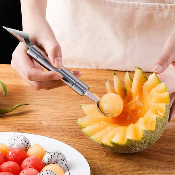 Двойна главичка за пъпеши от неръждаема стомана Многофункционален нож за декориране на зеленчуци Резачка за топки за плодове Кухненски аксесоари за салата