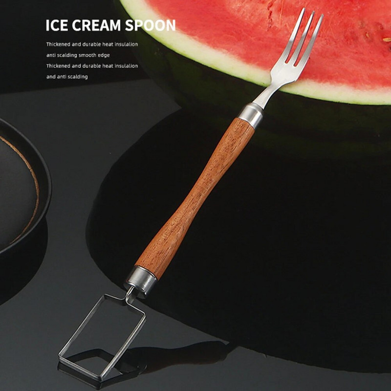 Vaisių šakutės pjaustyklės peilis nerūdijančio plieno meliono kubelių pjovimo įrankis medinė rankena, dviguba galvutė arbūzų vaisiams, pasidaryk pats, vaisių salotoms