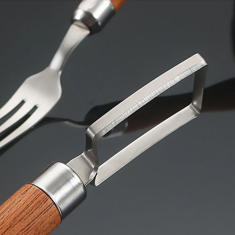 Vaisių šakutės pjaustyklės peilis nerūdijančio plieno meliono kubelių pjovimo įrankis medinė rankena, dviguba galvutė arbūzų vaisiams, pasidaryk pats, vaisių salotoms