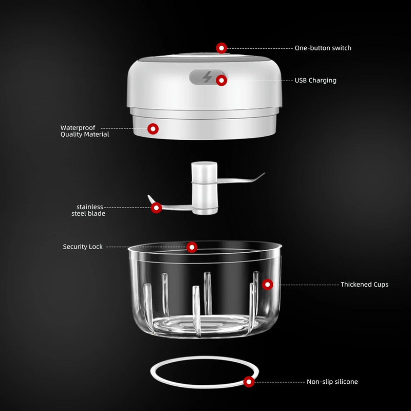 Elektrinis mini česnakų smulkintuvas, belaidis nešiojamasis mėsos smulkintuvas, skirtas prieskoniams ir prieskoniams gaminti česnakų daržovių salotoms ir pipirams