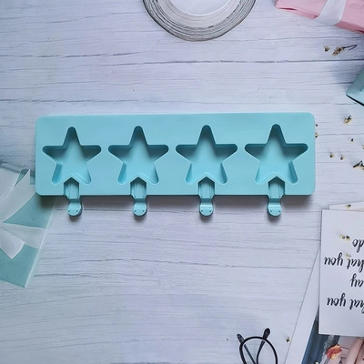 Naujos 4 penkiakampės žvaigždės Heart Popsicles Formelės Nelipnus silikoninės ledų formelės Naminės „pasidaryk pats“ desertų sultys „Ice-Pop Formos“