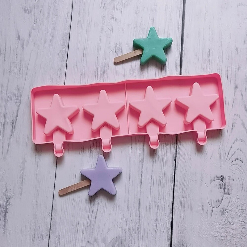 Naujos 4 penkiakampės žvaigždės Heart Popsicles Formelės Nelipnus silikoninės ledų formelės Naminės „pasidaryk pats“ desertų sultys „Ice-Pop Formos“