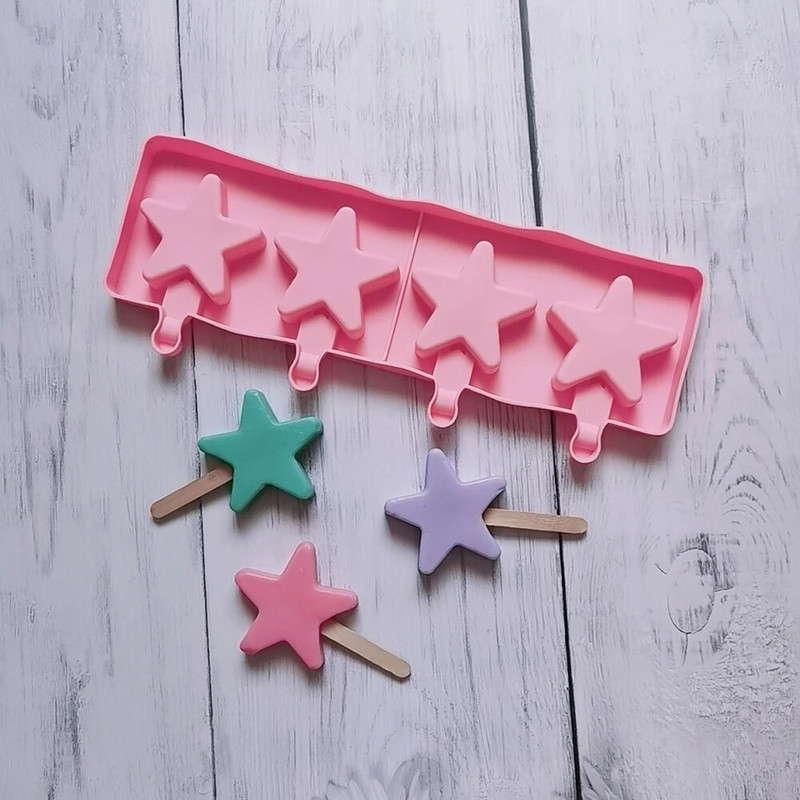 Naujos 4 penkiakampės žvaigždės Heart Popsicles Formelės Nelipnus silikoninės ledų formelės Naminės „pasidaryk pats“ desertų sultys „Ice-Pop Formos“