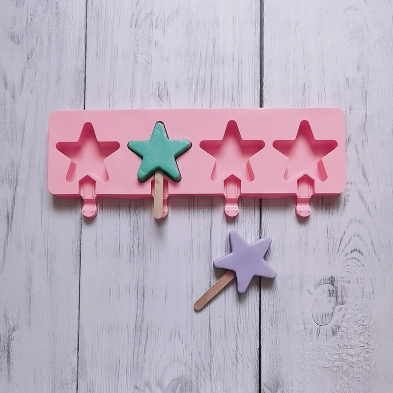 Naujos 4 penkiakampės žvaigždės Heart Popsicles Formelės Nelipnus silikoninės ledų formelės Naminės „pasidaryk pats“ desertų sultys „Ice-Pop Formos“