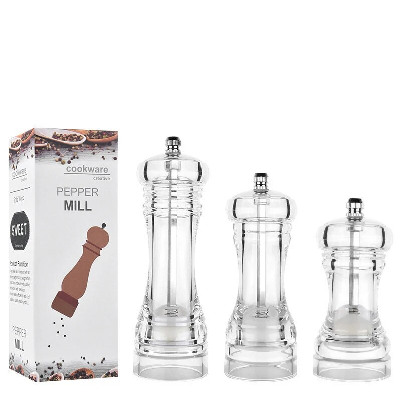 Akrilo prieskonių malūnėlis Akrilo rankinis pipirų malūnėlis, druskos prieskonių malūnėlis, skaidrus virtuvės šlifavimo įrankis 162/137/110 mm