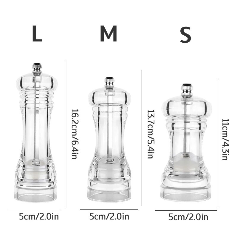 Akrilo prieskonių malūnėlis Akrilo rankinis pipirų malūnėlis, druskos prieskonių malūnėlis, skaidrus virtuvės šlifavimo įrankis 162/137/110 mm