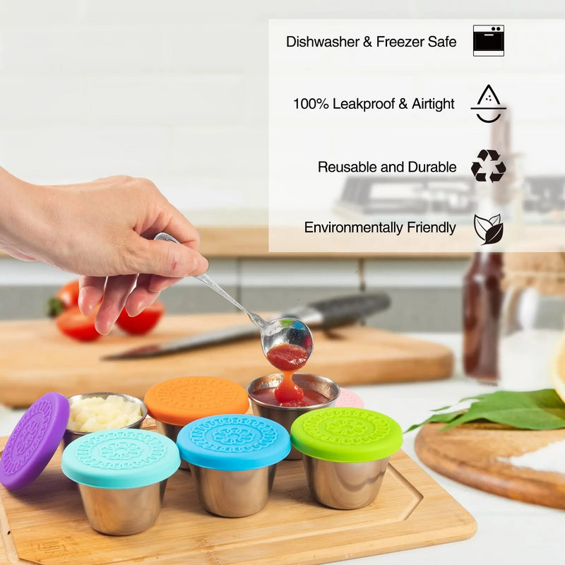 Salotų padažo indelis Į 6x2,5 uncijos nerūdijančio plieno mažą prieskonių talpyklą su dangteliais, nepraleidžiančiais dangteliais, skirta vaikų pietų indų dėžutei