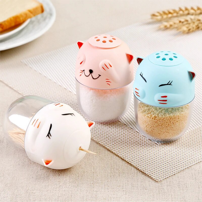 Mielas katės formos prieskonių indelis Sveikatai saugus ABS plastiko tempero druskos pipirų butelis BBQ virtuvės maisto ruošimo įrankiams Dantų krapštuko laikiklis