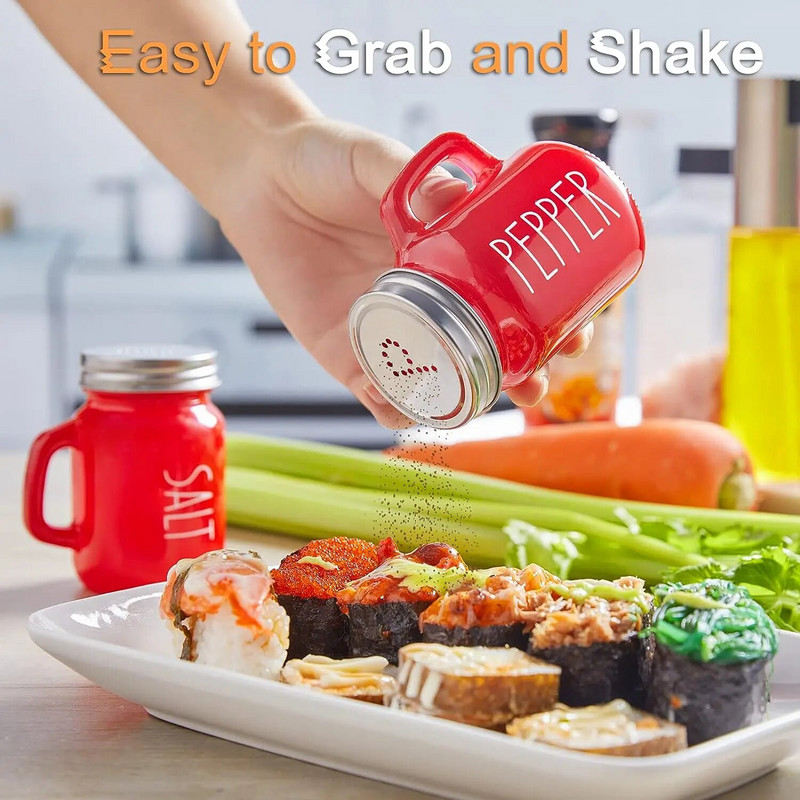 Set de sare și piper roșii Seturi drăguțe moderne din sticlă de Crăciun cu capac din oțel inoxidabil Accesorii roșii de bucătărie