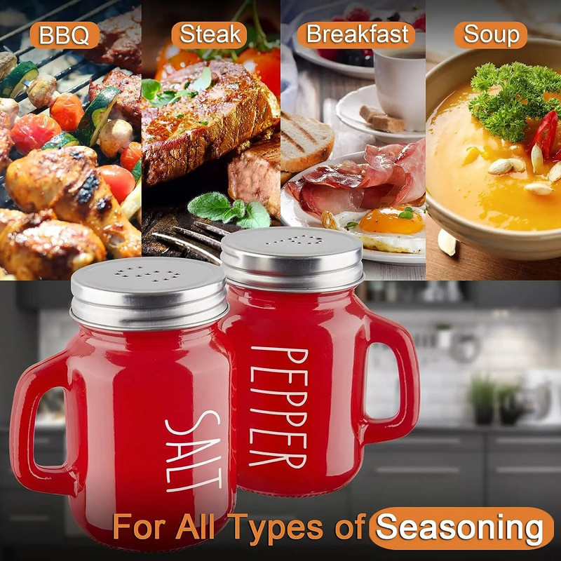 Set de sare și piper roșii Seturi drăguțe moderne din sticlă de Crăciun cu capac din oțel inoxidabil Accesorii roșii de bucătărie